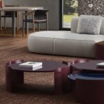 low profile grey modular sofa with magenta coffee tables